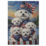 Bichon Frise Mother and Four Puppies Dressed in Patriotic Outfits with Flag Hat and Sunset Lake Background on Ready to Hang 1.5" Thick Canvas Wrap, Floating Framed Canvas, Flat Rolled Canvas