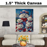 Bichon Frise Mother and Four Puppies in Patriotic Outfits with American Flags and Mountain Sunset Background on Ready to Hang 1.5" Thick Canvas Wrap, Floating Framed Canvas, Flat Rolled Canvas