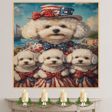 Bichon Frise Mother and Three Puppies in Patriotic Outfits with Hats and Bows by the Seaside with Flags and Flowers on Ready to Hang 1.5" Thick Canvas Wrap, Floating Framed Canvas, Flat Rolled Canvas