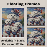 Bichon Frise Mother and Four Puppies Dressed in Patriotic Outfits with Flag Hat and Sunset Lake Background on Ready to Hang 1.5" Thick Canvas Wrap, Floating Framed Canvas, Flat Rolled Canvas