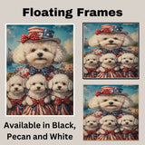 Bichon Frise Mother and Three Puppies in Patriotic Outfits with Hats and Bows by the Seaside with Flags and Flowers on Ready to Hang 1.5" Thick Canvas Wrap, Floating Framed Canvas, Flat Rolled Canvas