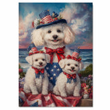 Bichon Frise Mother and Two Puppies in Patriotic Hats and Bows by the Ocean with Sunset Sky and Floral Surroundings on Ready to Hang 1.5" Thick Canvas Wrap, Floating Framed Canvas, Flat Rolled Canvas