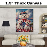 Bichon Frise Mother and Two Puppies in Patriotic Hats and Bows by the Ocean with Sunset Sky and Floral Surroundings on Ready to Hang 1.5" Thick Canvas Wrap, Floating Framed Canvas, Flat Rolled Canvas