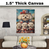 Bichon Frise Mother and Three Puppies in Patriotic Outfits with Hats and Bows by the Seaside with Flags and Flowers on Ready to Hang 1.5" Thick Canvas Wrap, Floating Framed Canvas, Flat Rolled Canvas