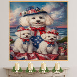 Bichon Frise Mother and Two Puppies in Patriotic Hats and Bows by the Ocean with Sunset Sky and Floral Surroundings on Ready to Hang 1.5" Thick Canvas Wrap, Floating Framed Canvas, Flat Rolled Canvas