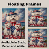 Bichon Frise Mother and Two Puppies in Patriotic Hats and Bows by the Ocean with Sunset Sky and Floral Surroundings on Ready to Hang 1.5" Thick Canvas Wrap, Floating Framed Canvas, Flat Rolled Canvas