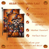 Biewer Terrier Dog Pumpkin Forest Rustic Maple Leaves Garden Flag for Halloween Seasonal Decor for Thanksgiving Spooky Yard Flag for Farmhouse Lawn Decorations
