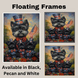 Black Affenpinscher Mother and Puppies Dressed in Patriotic Red White and Blue with Hats and American Flag in Flower Field on Ready to Hang 1.5" Thick Canvas Wrap, Floating Framed Canvas, Flat Rolled Canvas
