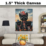 Black Affenpinscher Mother and Two Puppies in Patriotic Outfits with Firework Hats and Sunset Sky Background on Ready to Hang 1.5" Thick Canvas Wrap, Floating Framed Canvas, Flat Rolled Canvas