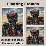 Black Affenpinscher Mother and Two Puppies in Patriotic Outfits with Firework Hats and Sunset Sky Background on Ready to Hang 1.5" Thick Canvas Wrap, Floating Framed Canvas, Flat Rolled Canvas