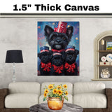 Black Affenpinscher Mother and Puppies in Patriotic Outfits with Starry Night Background and Red White and Blue Top Hats on Ready to Hang 1.5" Thick Canvas Wrap, Floating Framed Canvas, Flat Rolled Canvas