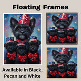 Black Affenpinscher Mother and Puppies in Patriotic Outfits with Starry Night Background and Red White and Blue Top Hats on Ready to Hang 1.5" Thick Canvas Wrap, Floating Framed Canvas, Flat Rolled Canvas