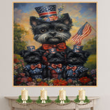 Black Affenpinscher Mother and Puppies Dressed in Patriotic Red White and Blue with Hats and American Flag in Flower Field on Ready to Hang 1.5" Thick Canvas Wrap, Floating Framed Canvas, Flat Rolled Canvas