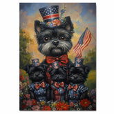 Black Affenpinscher Mother and Puppies Dressed in Patriotic Red White and Blue with Hats and American Flag in Flower Field on Ready to Hang 1.5" Thick Canvas Wrap, Floating Framed Canvas, Flat Rolled Canvas