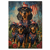 Black and Tan Coonhound Mother and Puppies in Patriotic Outfits with American Flag and Floral Meadow Background on Ready to Hang 1.5" Thick Canvas Wrap, Floating Framed Canvas, Flat Rolled Canvas