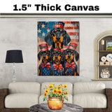 Black and Tan Coonhound Mother and Puppies in Red White and Blue Attire with American Flag and Stars Background on Ready to Hang 1.5" Thick Canvas Wrap, Floating Framed Canvas, Flat Rolled Canvas