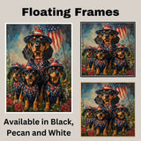 Black and Tan Coonhound Mother and Puppies in Patriotic Outfits with American Flag and Floral Meadow Background on Ready to Hang 1.5" Thick Canvas Wrap, Floating Framed Canvas, Flat Rolled Canvas