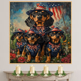 Black and Tan Coonhound Mother and Puppies in Patriotic Outfits with American Flag and Floral Meadow Background on Ready to Hang 1.5" Thick Canvas Wrap, Floating Framed Canvas, Flat Rolled Canvas