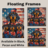 Black and Tan Coonhound Mother and Puppies in Red White and Blue Attire with American Flag and Stars Background on Ready to Hang 1.5" Thick Canvas Wrap, Floating Framed Canvas, Flat Rolled Canvas
