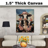 Black and White Cow Mother and Calves in Patriotic Outfits with American Flag and Stars in a Peaceful Countryside Scene on Ready to Hang 1.5" Thick Canvas Wrap, Floating Framed Canvas, Flat Rolled Canvas