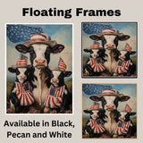 Black and White Cow Mother and Calves in Patriotic Outfits with American Flag and Stars in a Peaceful Countryside Scene on Ready to Hang 1.5" Thick Canvas Wrap, Floating Framed Canvas, Flat Rolled Canvas