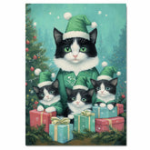 Adorable Christmas Tuxedo Cat Family in Green Santa Hats Surrounded by Gifts and a Festive Tree in a Whimsical Holiday Scene