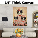 Mother Cat and Kittens in Pink Floral Outfits with Roses Whimsical Tuxedo Cat Family Artwork for Cat Lovers and Cozy Decor on Ready to Hang 1.5" Thick Canvas Wrap, Floating Framed Canvas, Flat Rolled Canvas