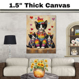 Chic Oil Painting of Mother Texudo Cat and Kittens in Pink Rose Outfits with Hearts and Hats on Beige Background for Cat Lovers and Gift Ideas on Ready to Hang 1.5" Thick Canvas Wrap, Floating Framed Canvas, Flat Rolled Canvas