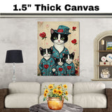 Oil Painting of Mother Texudo Cat and Kittens in Green Heart Pajamas on Beige Background for Cat Lovers and Nursery Pet Art Fans on Ready to Hang 1.5" Thick Canvas Wrap, Floating Framed Canvas, Flat Rolled Canvas