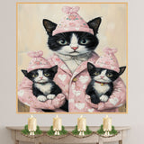 Mother Cat and Kittens in Pink Heart Outfits Tuxedo Cat Family Painting for Valentine's Day and Cat Lovers Home Decor on Ready to Hang 1.5" Thick Canvas Wrap, Floating Framed Canvas, Flat Rolled Canvas
