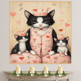 Mother Cat and Kittens Wearing Matching Blue Pajamas with Red Hearts and Flowers Black and White Tuxedo Cats on Ready to Hang 1.5" Thick Canvas Wrap, Floating Framed Canvas, Flat Rolled Canvas