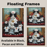 Mother Cat and Kittens Dressed as Nurses in White Outfits with Hats and Red Scarves Black and White Tuxedo Cats on Ready to Hang 1.5" Thick Canvas Wrap, Floating Framed Canvas, Flat Rolled Canvas