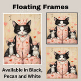 Mother Cat and Kittens Wearing Matching Blue Pajamas with Red Hearts and Flowers Black and White Tuxedo Cats on Ready to Hang 1.5" Thick Canvas Wrap, Floating Framed Canvas, Flat Rolled Canvas