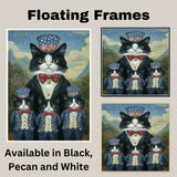 Mother Tuxedo Cat and Three Kittens in Patriotic Uncle Sam Outfits with Stars and Bow Ties in Farm Country Setting on Ready to Hang 1.5" Thick Canvas Wrap, Floating Framed Canvas, Flat Rolled Canvas