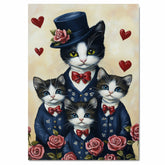 Mother Cat and Kittens in Elegant Purple Suits with Pink Roses and Hearts Whimsical Black and White Tuxedo Cat Family Portrait on Ready to Hang 1.5" Thick Canvas Wrap, Floating Framed Canvas, Flat Rolled Canvas