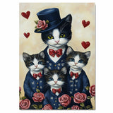 Mother Cat and Kittens in Elegant Purple Suits with Pink Roses and Hearts Whimsical Black and White Tuxedo Cat Family Portrait on Ready to Hang 1.5" Thick Canvas Wrap, Floating Framed Canvas, Flat Rolled Canvas