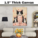 Mother Cat and Kittens Wearing Matching Blue Pajamas with Red Hearts and Flowers Black and White Tuxedo Cats on Ready to Hang 1.5" Thick Canvas Wrap, Floating Framed Canvas, Flat Rolled Canvas