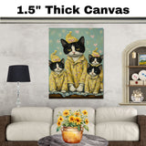 Mother Cat and Kittens in Yellow Pajamas Charming Tuxedo Cat Family Artwork Whimsical Cozy Painting for Cat Lovers and Nurseries on Ready to Hang 1.5" Thick Canvas Wrap, Floating Framed Canvas, Flat Rolled Canvas