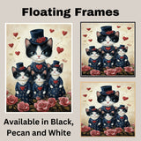 Festive Oil Painting of Mother Texudo Cat and Kittens in Green Holiday Outfits with Hearts and Snowflakes on Beige Background on Ready to Hang 1.5" Thick Canvas Wrap, Floating Framed Canvas, Flat Rolled Canvas