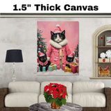 Tuxedo Cat Family in Pink Fur-Trimmed Coats and Santa Hats with Christmas Gifts and Trees in a Playful Holiday Scene with Snow and Cheer