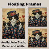 Oil Painting of Mother Texudo Cat and Kittens in Yellow Heart Dresses with Matching Hats and Bows on Soft Peach Background on Ready to Hang 1.5" Thick Canvas Wrap, Floating Framed Canvas, Flat Rolled Canvas