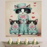 Charming Mother Cat with Kittens in Pink Floral Outfits Whimsical Tuxedo Cat Art for Nursery and Cat Lovers on Ready to Hang 1.5" Thick Canvas Wrap, Floating Framed Canvas, Flat Rolled Canvas