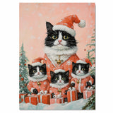 Tuxedo Cat Family in Red Santa Outfits Surrounded by Gifts and Snowy Trees in a Whimsical Christmas Scene with Festive Background