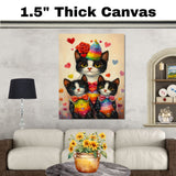 Charming Oil Painting of Mother Cat and Kittens in Floral Outfits with Hearts on Beige Background for Cat Lovers and Pet Art Fans on Ready to Hang 1.5" Thick Canvas Wrap, Floating Framed Canvas, Flat Rolled Canvas