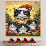 Tuxedo Cat Family in Golden Holiday Outfits and Santa Hat Surrounded by Christmas Gifts and Trees in a Warm Festive Snowflake Scene