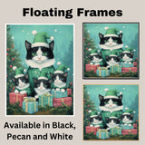 Adorable Christmas Tuxedo Cat Family in Green Santa Hats Surrounded by Gifts and a Festive Tree in a Whimsical Holiday Scene