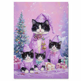 Tuxedo Cat Family in Red Santa Hats and Coats Surrounded by Snowflakes and Gifts Beside a Christmas Tree in a Whimsical Holiday Scene