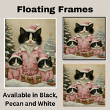 Tuxedo Cat Family in Pink Winter Pajamas and Santa Hats with Gifts and Trees in a Peaceful Snowy Christmas Scene Full of Whimsy and Warmth