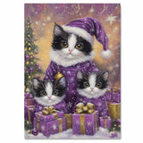 Adorable Tuxedo Cat Family in Matching Purple Pajamas and Hats with Floral Details in a Cozy Whimsical Scene Perfect for Cat Lovers