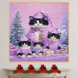Tuxedo Cat Family in Red Santa Hats and Coats Surrounded by Snowflakes and Gifts Beside a Christmas Tree in a Whimsical Holiday Scene
